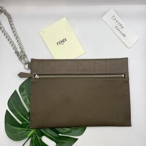 Fendi Zucca Monogram Clutch bag Pouch Nylon Leather khaki Brown Purse
